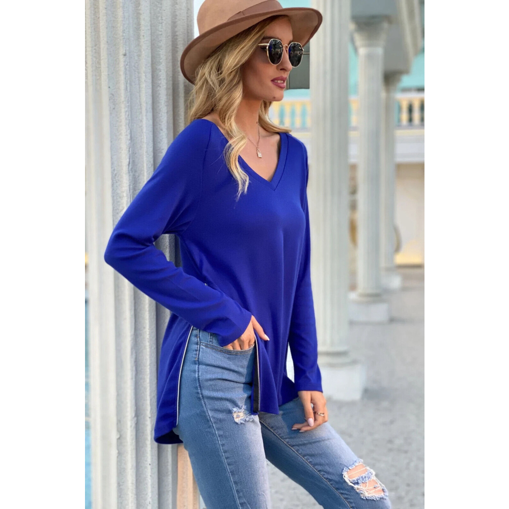 Causal V-Neck Soft Sweatshirts Top Side Zipper in Royal Blue Size 2XL